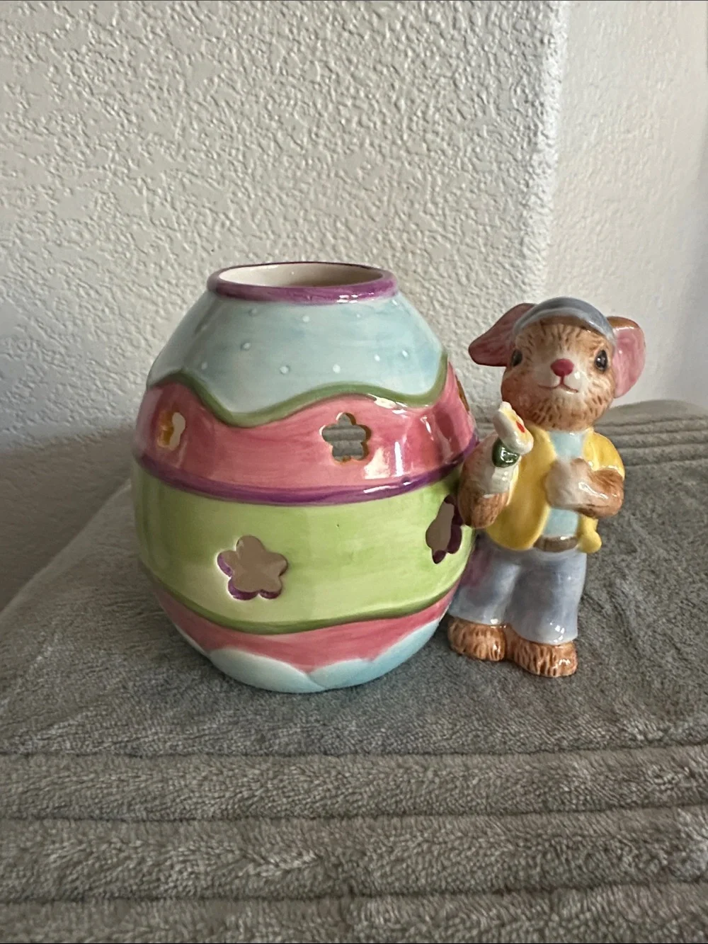 Ceramic Pastel Egg candle Holder with Bunny Figurine - Multicolor